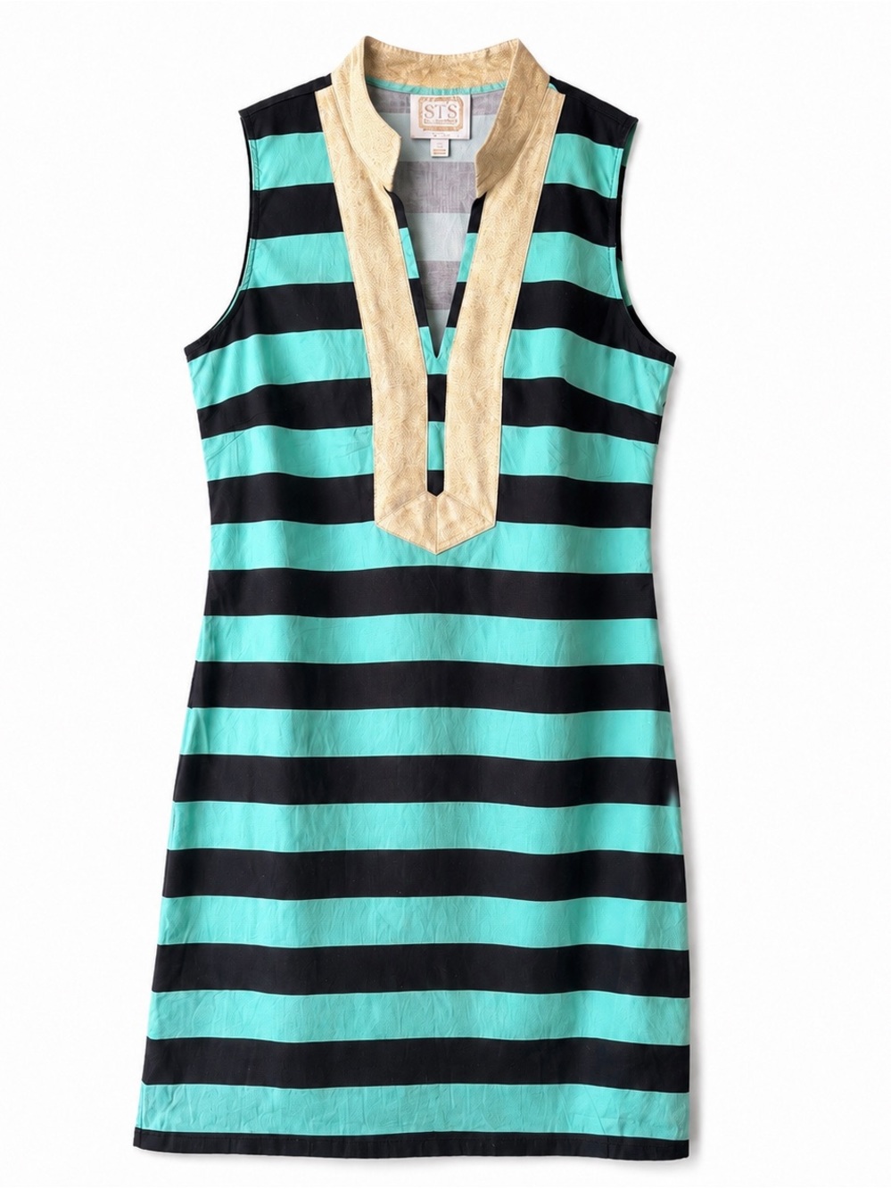 Sail to Sable Sleeveless Striped Shift Dress Turquoise Black Gold Trim Size L